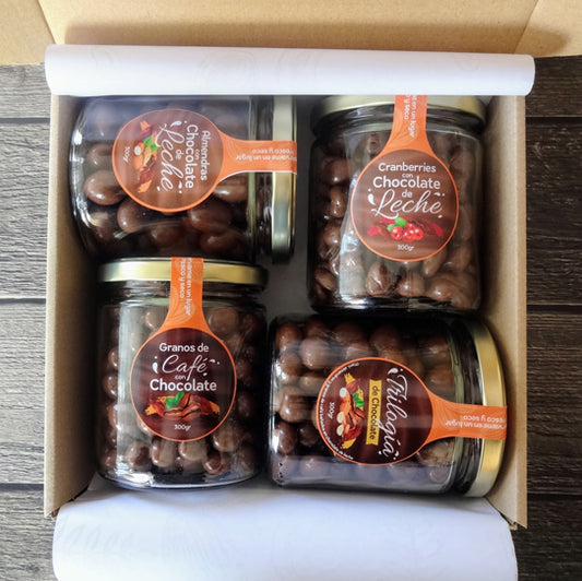 Box 4 Frascos 300 gr – Delicias Bañadas en Chocolate de Leche 🎁