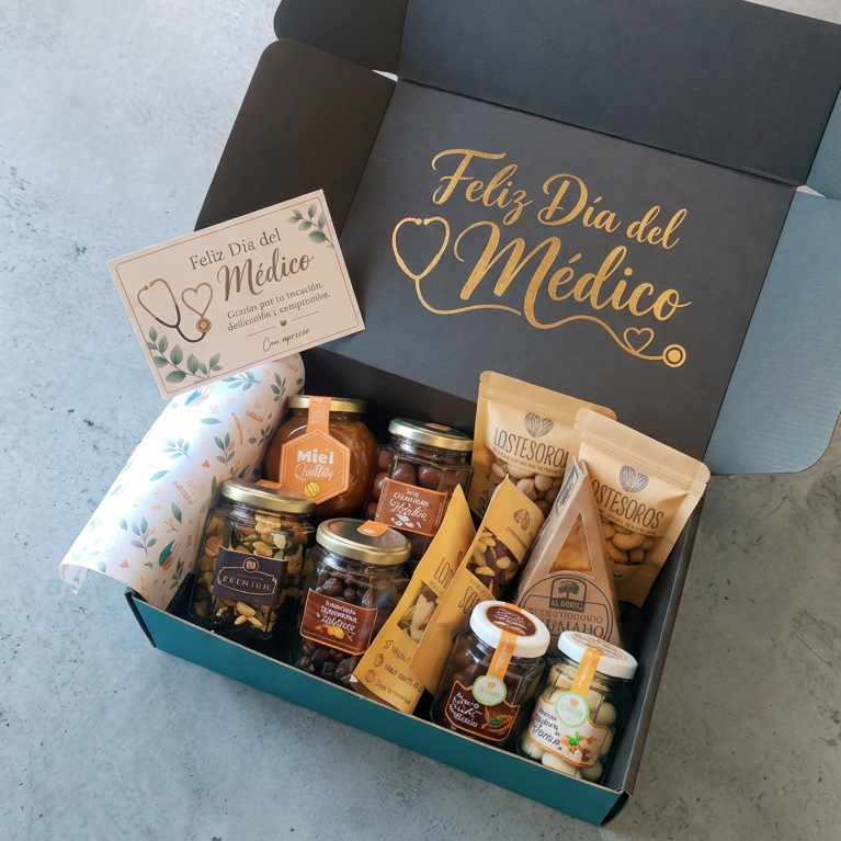 Caja de regalo corporativo gourmet para el Día del Médico, con miel de Quillay, frutos secos, chocolates y personalización con logo institucional.