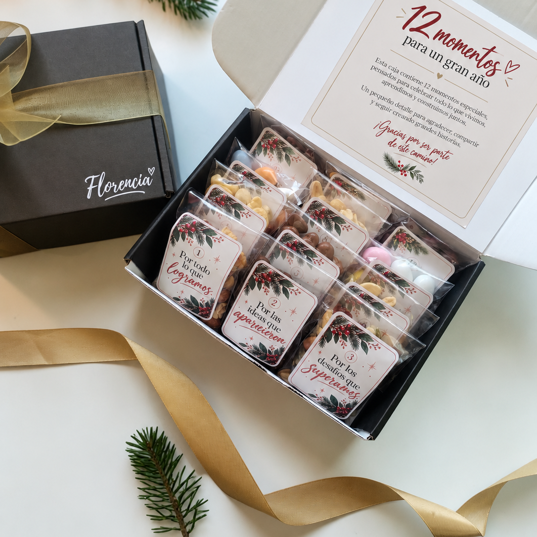 Caja regalo corporativa Navidad con 12 sachets y mensajes de agradecimiento