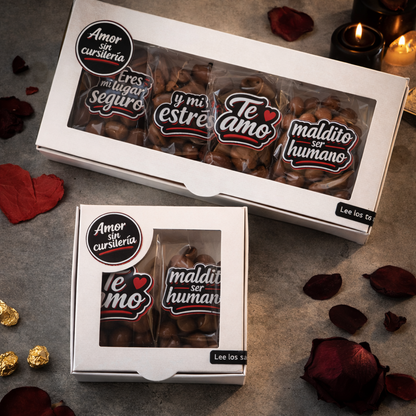 Caja San Valentín Anticursi - Frutos Secos con Chocolate y Stickers Honestos | Regalo 14 Febrero para Parejas Reales