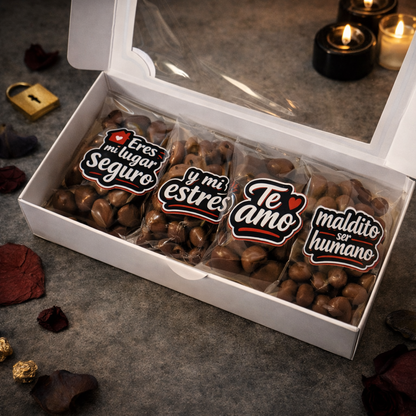 Caja San Valentín Anticursi - Frutos Secos con Chocolate y Stickers Honestos | Regalo 14 Febrero para Parejas Reales