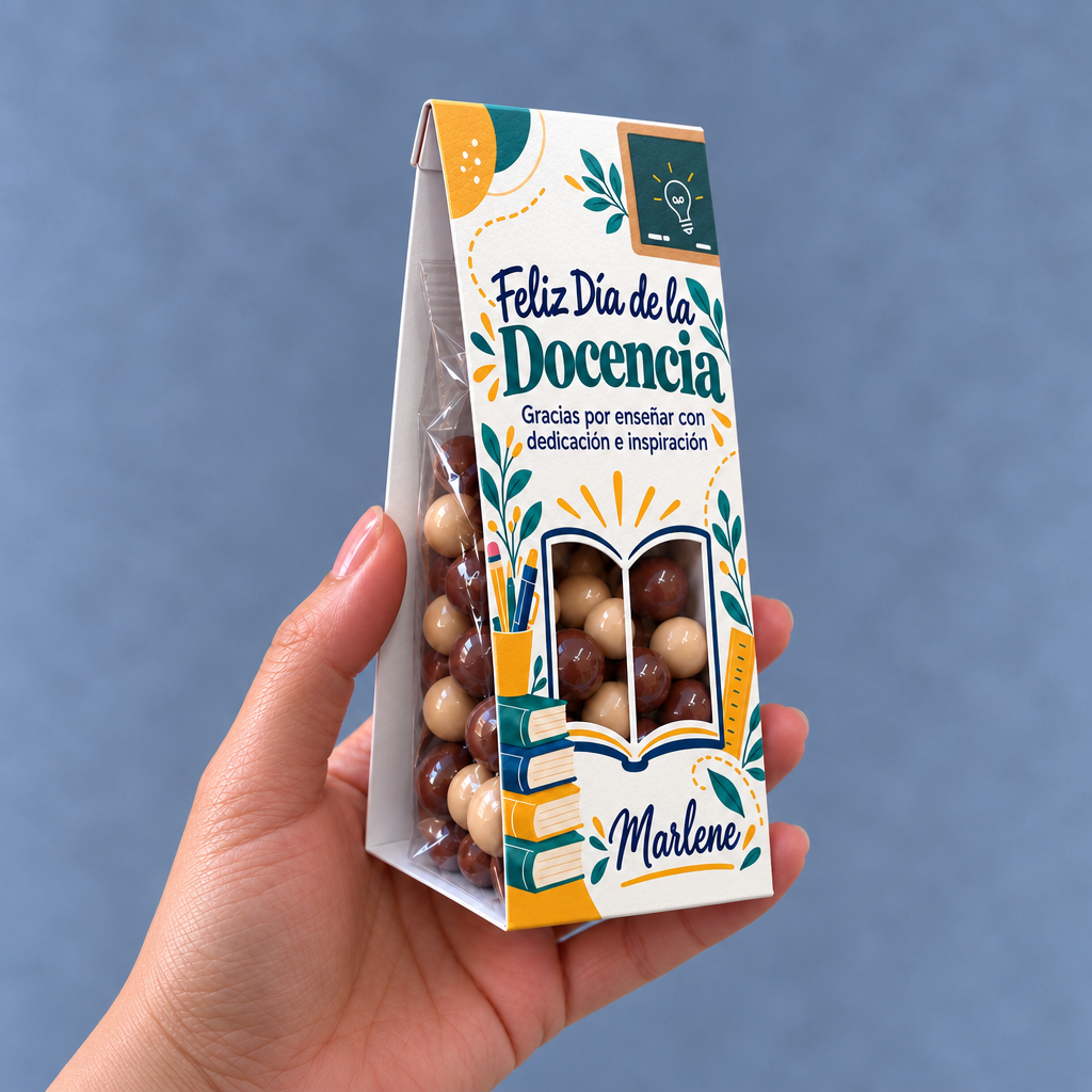 Display personalizado Día de la Docencia con almendras bañadas en chocolate