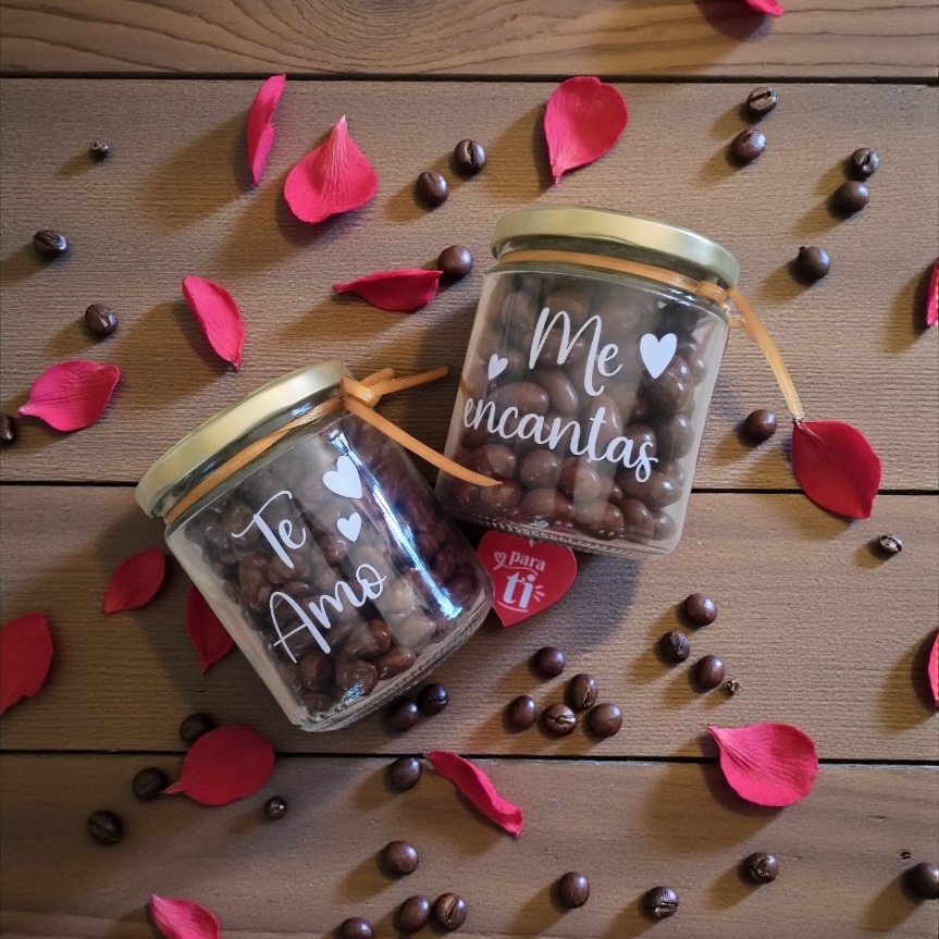 Frasco Personalizado San Valentín "Te Amo" o "Me Encantas" - 300gr Chocolate Premium