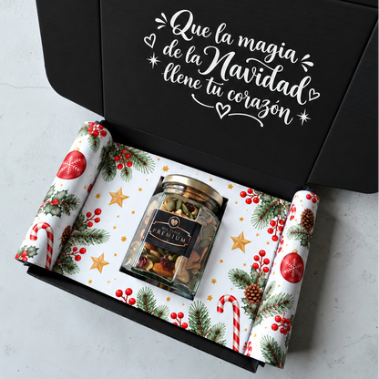 Caja negra de regalo navideño con mensaje en vinilo, decoración de Navidad y frasco de Mix Tabla Premium de 100 g.